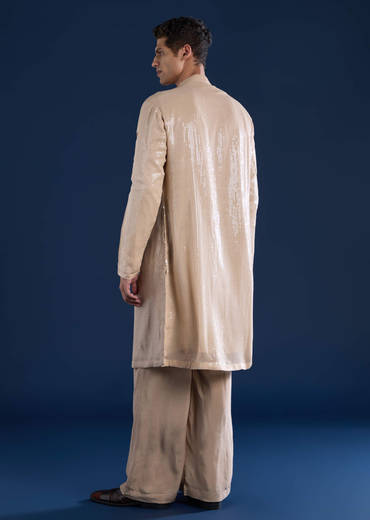 Beige Sequin Embellished Mens Kurta and Pant Set
