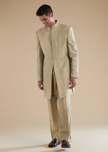 Beige Silk Indowestern Set With Cutwork Leather Detailing