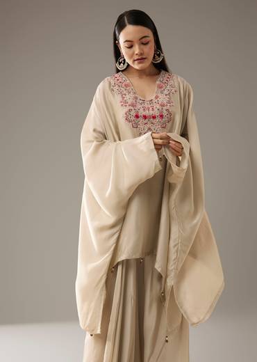 Beige Thread Embroidered Top and Dhoti Skirt Set