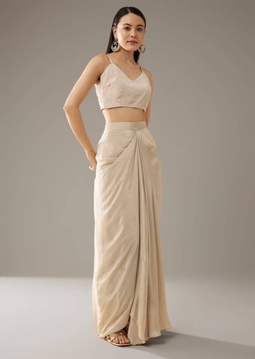 Beige Thread Embroidered Top and Dhoti Skirt Set