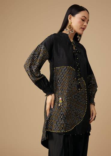 Black Bandhani Printed Silk Kurta Pant Set