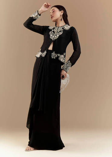 Black Chinon Crop Top and Skirt Set