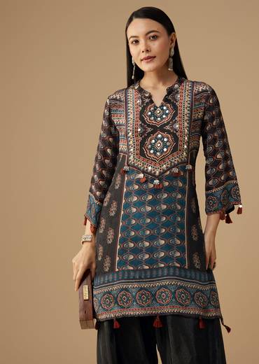 Black Crepe Indie Printed Kurta and Pant Set