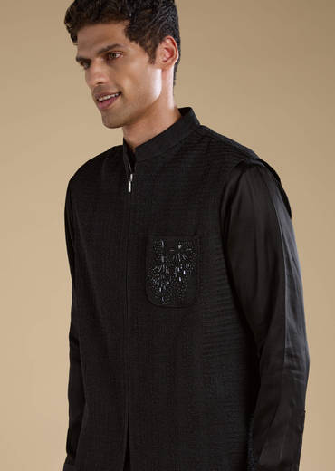Black Cutwork Mens Jacket Kurta and Pant Set
