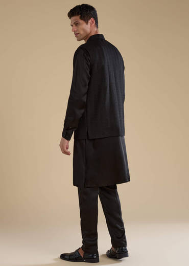 Black Cutwork Mens Jacket Kurta and Pant Set