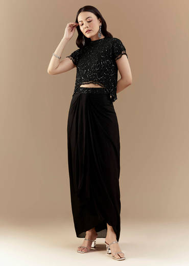 Black Embroidered Crop Top and Skirt Set