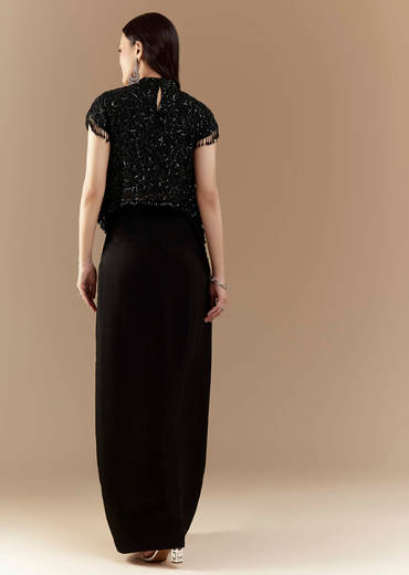 Black Embroidered Crop Top and Skirt Set