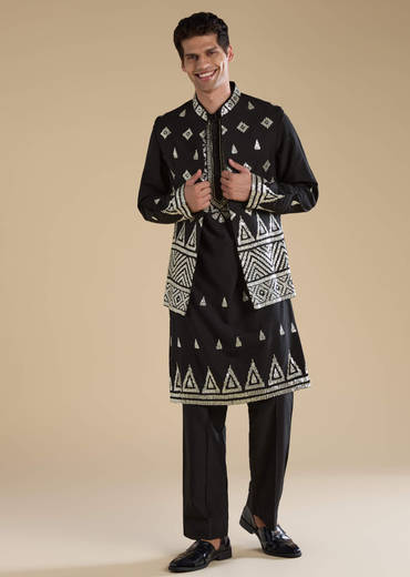 Black Foil Applique Mens Jacket Kurta and Pant Set