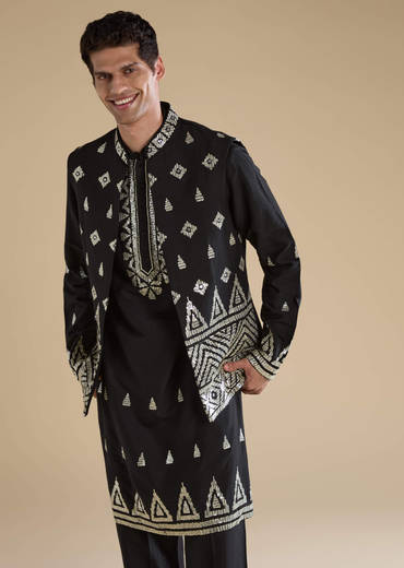 Black Foil Applique Mens Jacket Kurta and Pant Set