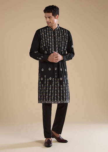 Black Resham Work Straight Mens Kurta and Pant Set