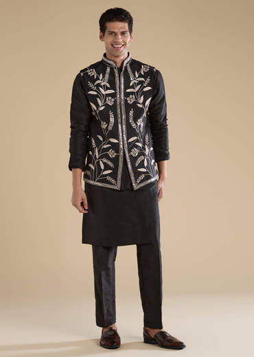 Black Silk Mirror Work Mens Jacket Kurta and Pant Set