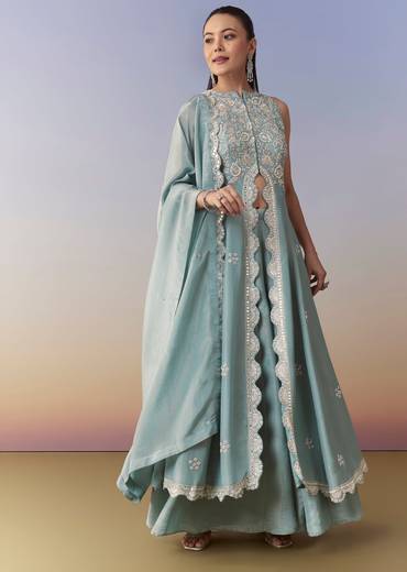 Blue Anarkali Palazzo Set with Cutdana Work