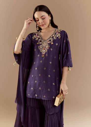 Blue Chinon Silk Sharara Set with Sequin Work