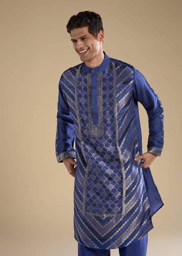 Blue Handwoven Jacquard Silk Mens Kurta and Pant Set