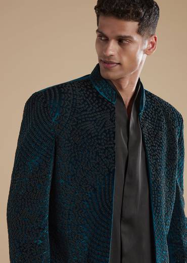 Blue Indowestern Set With Cut Dana And Metal Detail Work