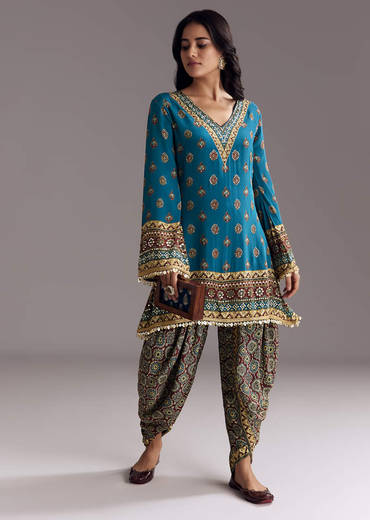 Blue Printed Dhoti Set With Ajrakh Detail