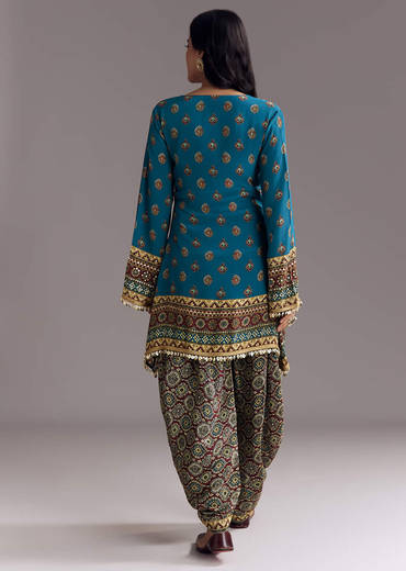 Blue Printed Dhoti Set With Ajrakh Detail