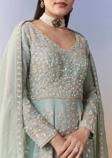 Blue Slit Anarkali Palazzo Set with Sequin Work