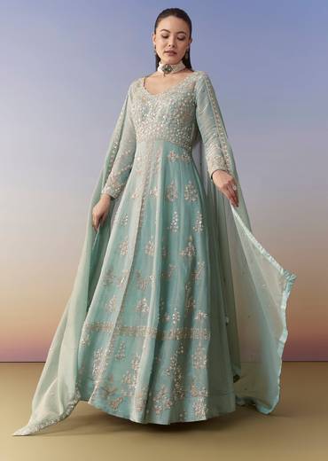Blue Slit Anarkali Palazzo Set with Sequin Work