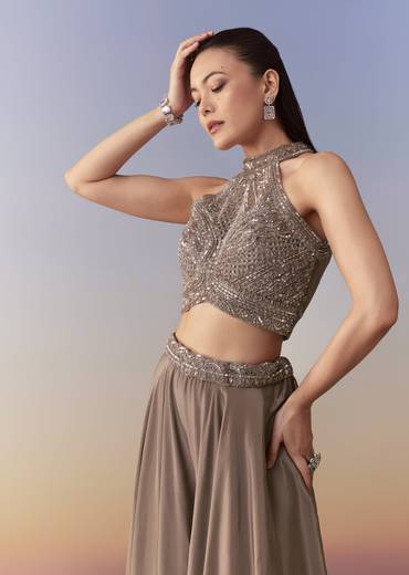 Brown Embellished Crop Top Palazzo Set