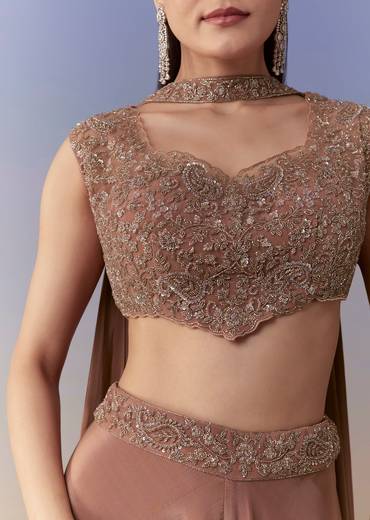 Brown Embellished Crop Top Pant Set with Dupatta