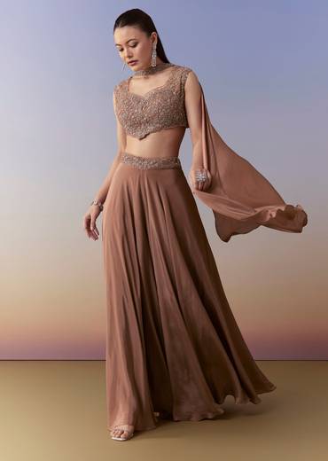 Brown Embellished Crop Top Pant Set with Dupatta