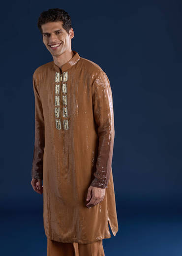 Brown Sequin Work Mens Kurta and Pant Set