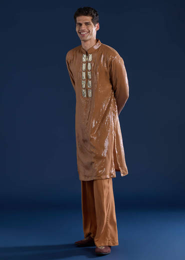 Brown Sequin Work Mens Kurta and Pant Set