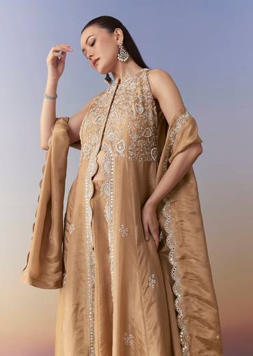 Brown Slit Anarkali Set with Cutdana Work
