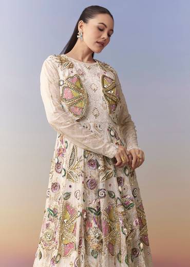 Cream Bead Embellished Gown with Jacket