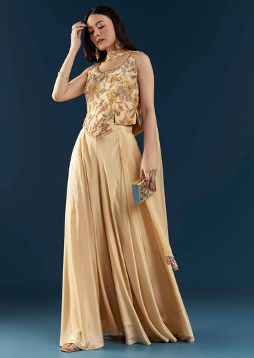 Cream Crepe Crop Top Palazzo Set with Floral Print