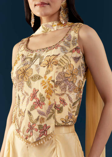 Cream Crepe Crop Top Palazzo Set with Floral Print