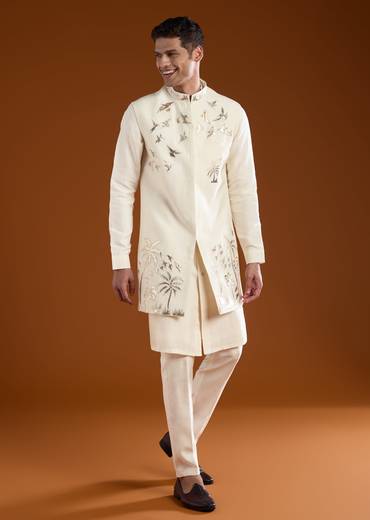 Cream Patchwork Jacket and Kurta Set