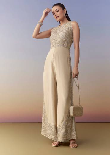 Cream Tissue Embellished Jumpsuit