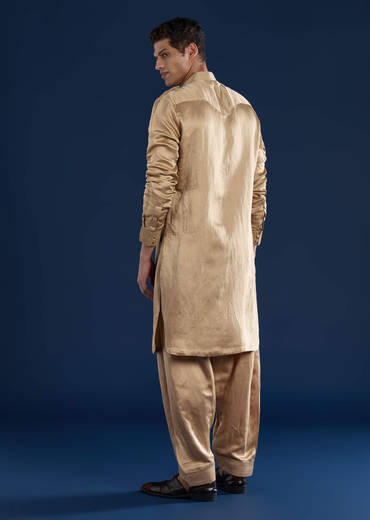 Gold Linen Satin Embroidered Mens Kurta and Pant Set