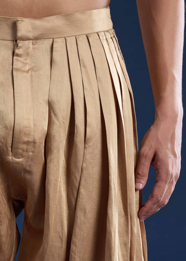 Gold Linen Satin Embroidered Mens Kurta and Pant Set