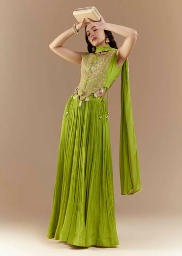 Green Crop Top Skirt Set with Zardozi Work