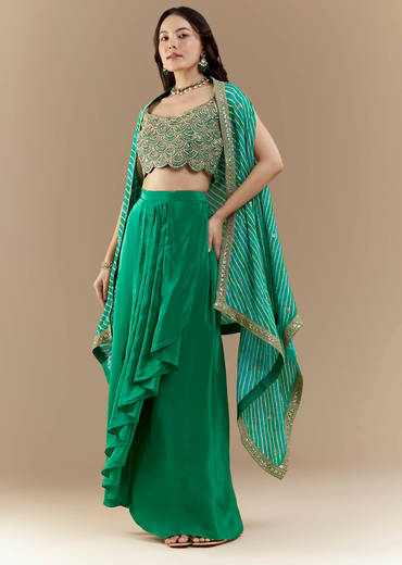 Green Embellished Crop Top Skirt Set with Leheriya Cape