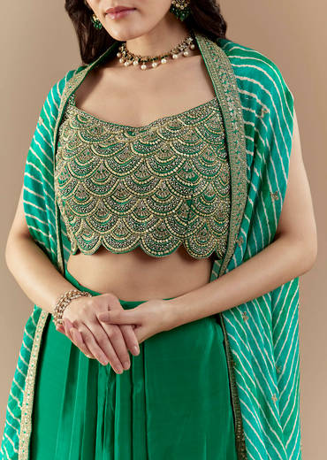Green Embellished Crop Top Skirt Set with Leheriya Cape