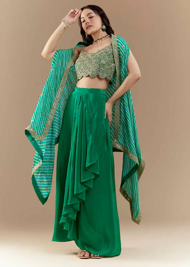 Green Embellished Crop Top Skirt Set with Leheriya Cape