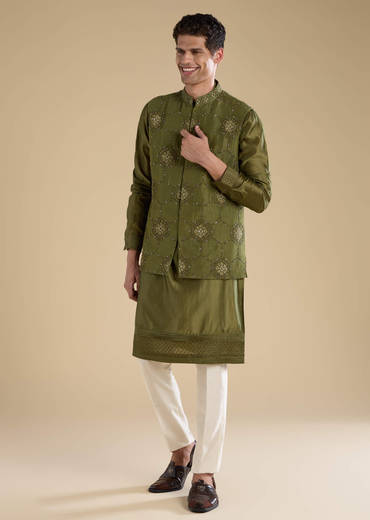 Green Embroidered Mens Satin Jacket Kurta and Pant Set