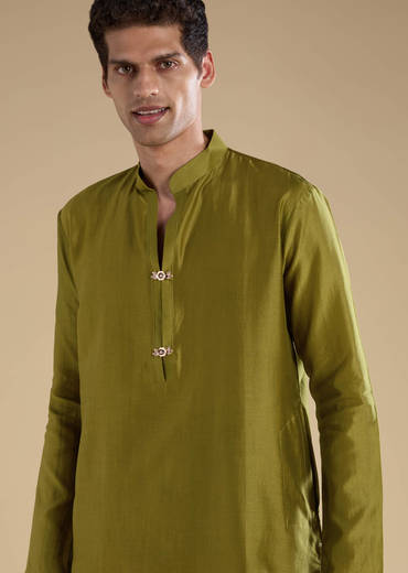 Green Foil Applique Chanderi Work Straight Mens Kurta Set