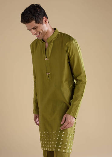 Green Foil Applique Chanderi Work Straight Mens Kurta Set
