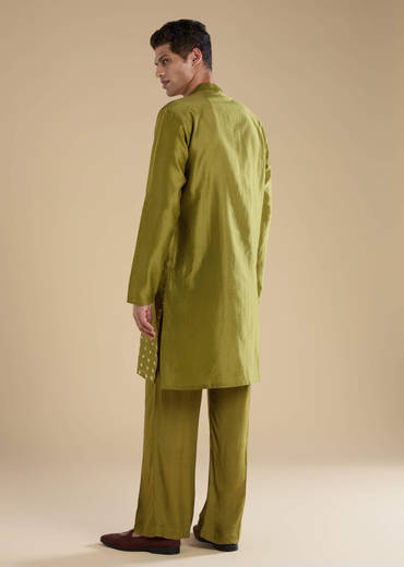 Green Foil Applique Chanderi Work Straight Mens Kurta Set