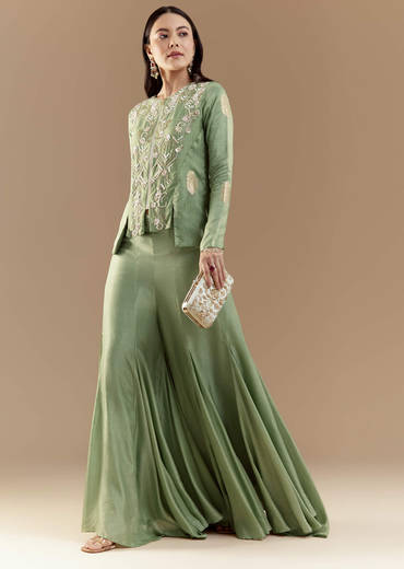 Green Fusion Silk Crop Top and Pant Set with Moti Work