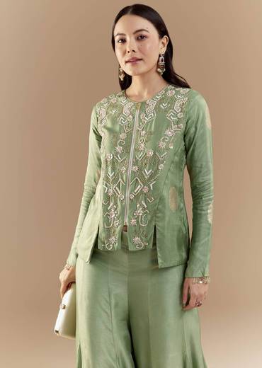 Green Fusion Silk Crop Top and Pant Set with Moti Work
