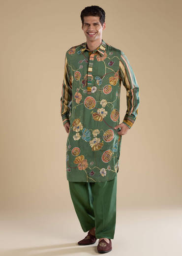 Green Kalamkari Mens Kurta and Pant Set