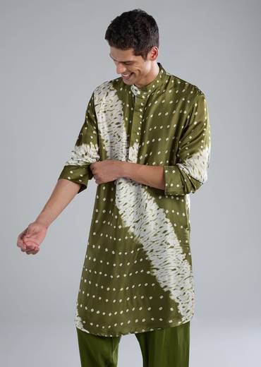 Green Kurta Set With Handmade Bandhani And Shibori Prints