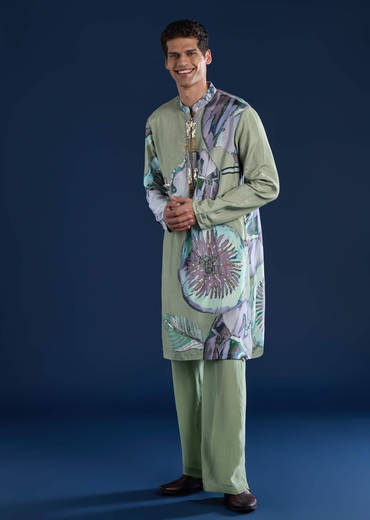 Green Muslin Sequin Work Mens Kurta and Pant Set