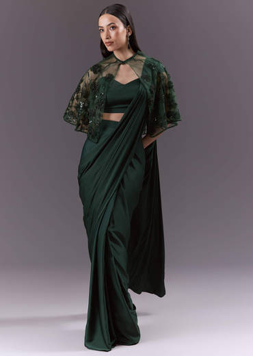 Green Satin Ready Pleated Saree With Embroidery
